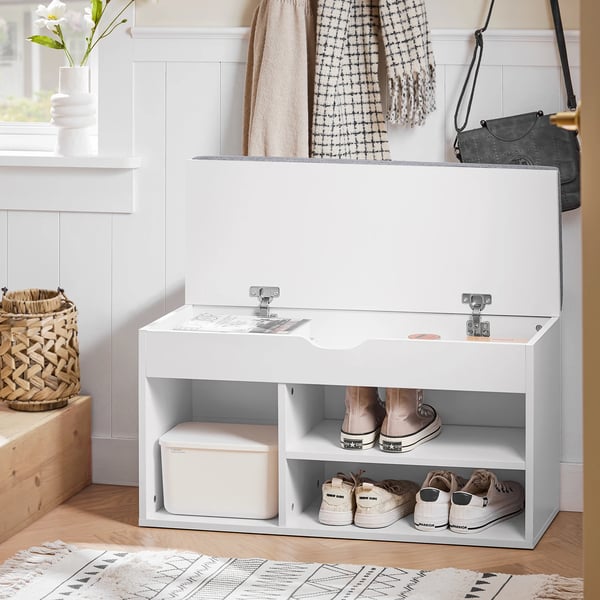 Skobænk - FSR45 Skoreol - Med Siddepude - Træ - Moderne Minimalistisk - 80x46x30 cm - Hvid