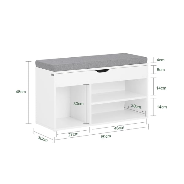 Skobænk - FSR45 Skoreol - Med Siddepude - Træ - Moderne Minimalistisk - 80x46x30 cm - Hvid