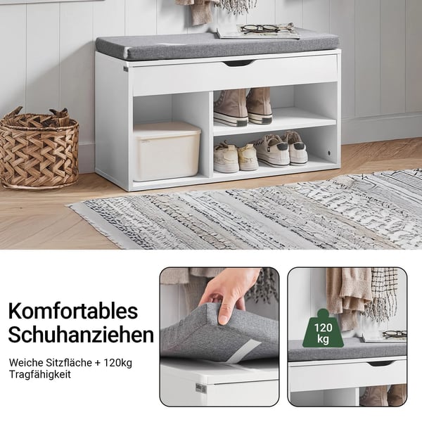 Skobænk - FSR45 Skoreol - Med Siddepude - Træ - Moderne Minimalistisk - 80x46x30 cm - Hvid