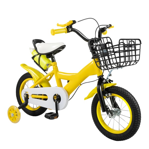 Børnecykel - Hjul 30 cm Med Støttehjul - Kurv Og Flaskeholder - Til 2–4 År, 85–105 cm - Kulstofstålramme - Kaliberforbremse, Bag V-bremse - Gul