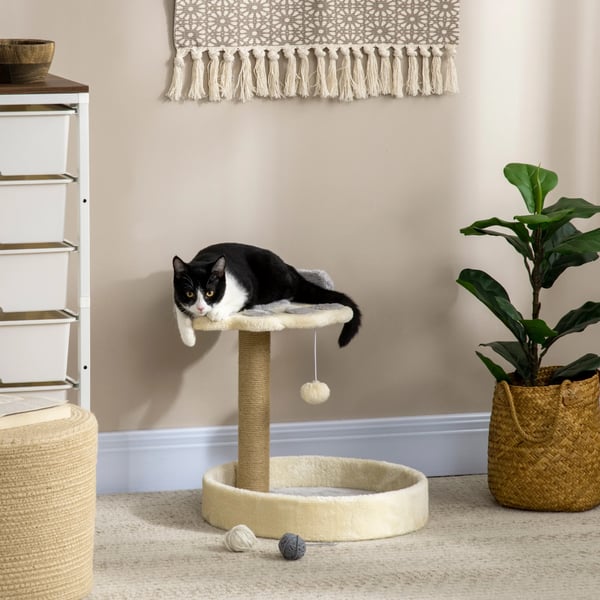 Kattklösträd - Klättertorn - 4 Nivåer - 2 Bäddar - Jutepelare - Hängande Leksak - 41×41×44 cm - Ljusgrå