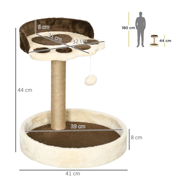 Kattklösträd - Klättertorn - 44 cm Höjd - Fyra Nivåer - 2 Liggplatser - Jutepelare - Hängande Leksak - 41x41 cm Bas - Brun
