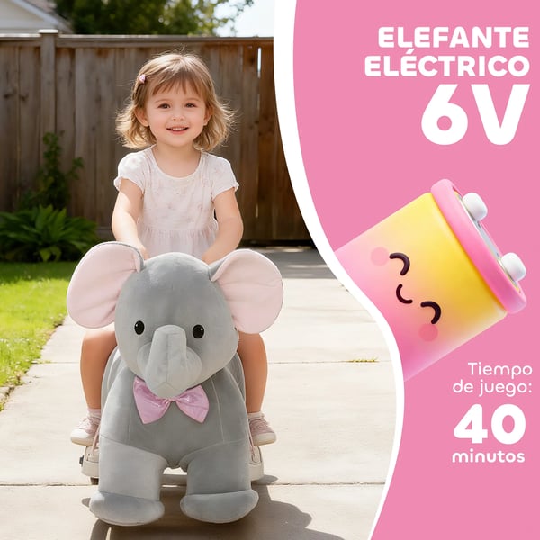 Elektrisk Elefant - Rid-djur - 6 V batteri - Musik - Mjuk plysch - Tysta PU-hjul - Pedaldrift framåt - 1,5–5 år - Grå