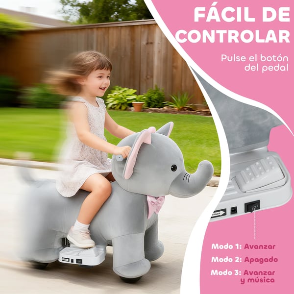 Elektrisk Elefant - Rid-djur - 6 V batteri - Musik - Mjuk plysch - Tysta PU-hjul - Pedaldrift framåt - 1,5–5 år - Grå