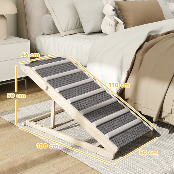 Hundramp - Säkerhetsramp - Hopfällbar - Höjdjusterbar - Halkfri Matta - Trä - 100×50×50 cm - Natur och Grått Trä