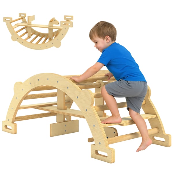 Montessori klätterställning - 2-i-1 klätterbåge & gunghäst - För barn 2–4 år - Trä - 110×52×45 cm - Naturträ