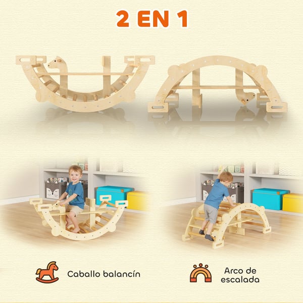 Montessori klätterställning - 2-i-1 klätterbåge & gunghäst - För barn 2–4 år - Trä - 110×52×45 cm - Naturträ