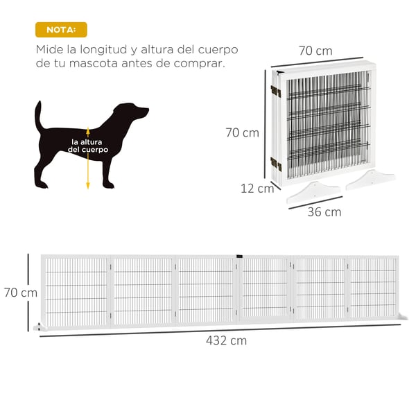 Hundgrind i trä - Hopfällbar säkerhetsgrind - För trappor och dörröppningar - Med fotstöd - Fristående - 432×36×70 cm - Vit