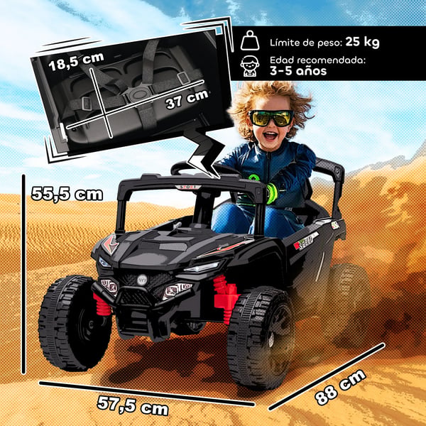 Elbil för barn - Åkbil 12V - Två Motorer - Fjärrkontroll 2,4G - Bakre Fjädring - Strålkastare & Musik - Storlek 88×57,5×55,5 cm - Svart