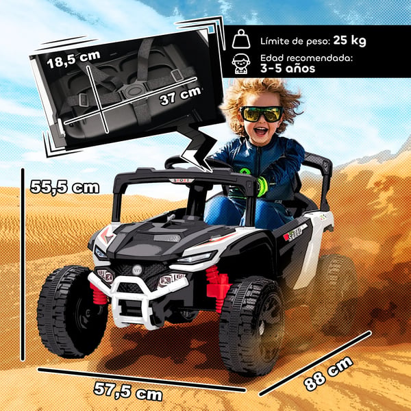 Elbil för barn - UTV åkbil - 12V Batteri - 2 Motorer - 2,4G Fjärrkontroll - Bakfjädring - Strålkastare & Musik - 4 Hjul - Vit