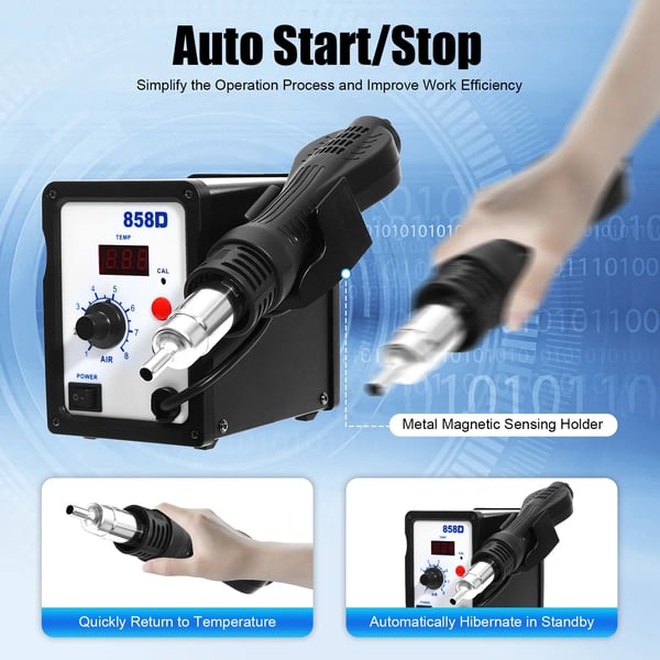 Varmluftstation til rework - Digital varmluftpistol - Justerbar 100–500°C - Digitalt display - Til SMD/PCB & mobilreparation - Netstrøm AC - Sort