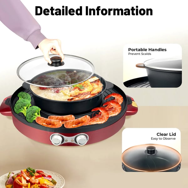 Elektrisk Hot Pot - 2-i-1 Gryde Med Grill - 2200 W - Yin-Yang Delt - Rund - Glaslåg - Non-stick Belægning - Bordmodel - Lyserød