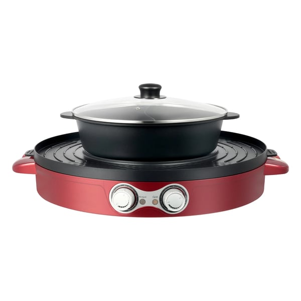 Sähköinen Hot Pot - 2-in-1 Kattila Ja Grilli - 2200 W - Yin-yang-jaettu - Pyöreä - Lasikansi - Tarttumaton Pinnoite - Pöytämalli - Vaaleanpunainen
