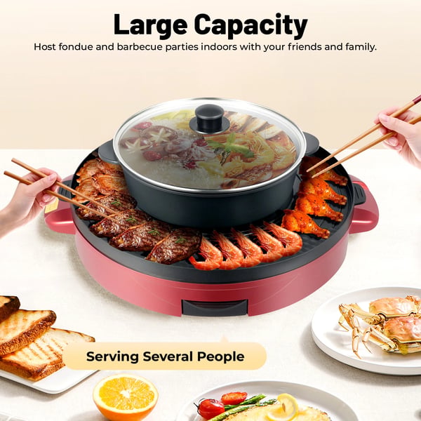 Elektrisk Hot Pot - 2-i-1 Gryde Med Grill - 2200 W - Yin-Yang Delt - Rund - Glaslåg - Non-stick Belægning - Bordmodel - Lyserød