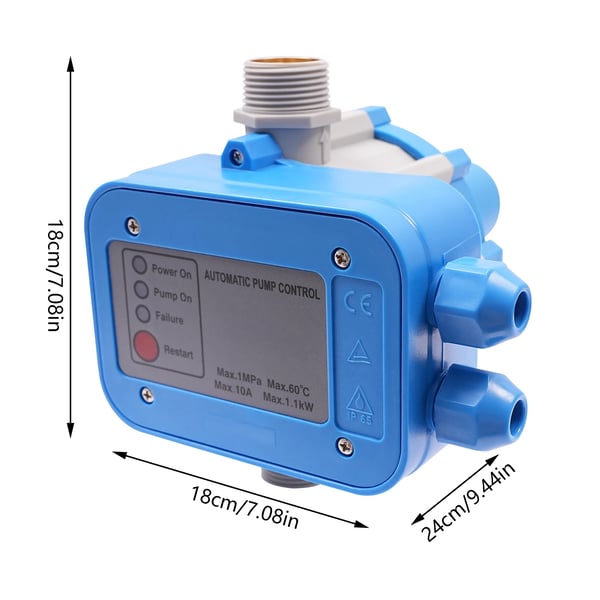 Automatisk tryckregulator för vattenpump - Pumpkontroller - 220–240 V - Starttryck 1,5 bar - Arbetstryck 10 bar - Självsugande - Blå