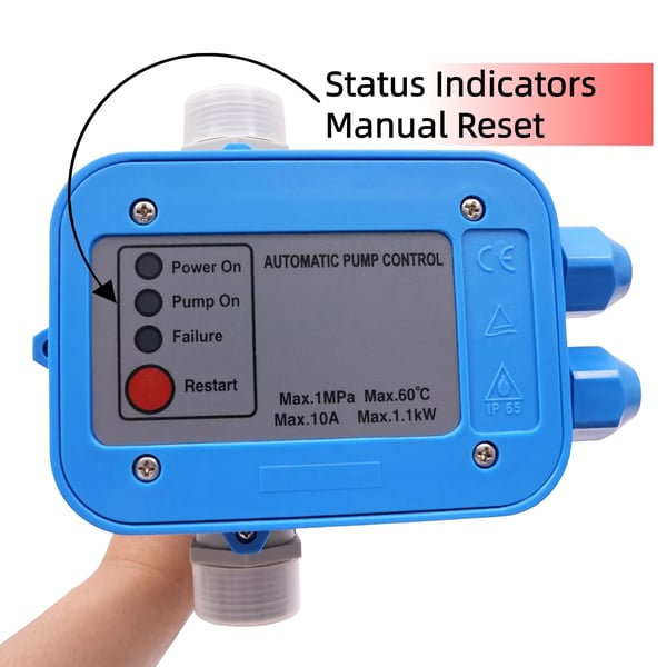 Automatisk tryckregulator för vattenpump - Pumpkontroller - 220–240 V - Starttryck 1,5 bar - Arbetstryck 10 bar - Självsugande - Blå