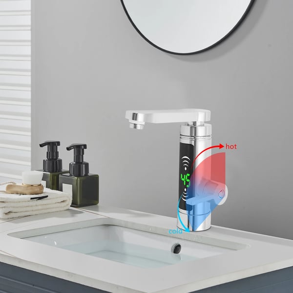 Instant vandhane - Elektrisk gennemstrømsarmatur - Temperatur 25–55 °C - Temperaturdisplay - Opvarmning på 3 s - Til køkken/vask - Hvid