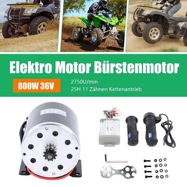 Sähkömoottorisarja - MY1020 800W 36V DC - Harjallinen - Ohjain ja kaasukahva - Kierrosluku 2750 r/min - Ratas 25H 11T - Skootteri, kart, ATV - Musta