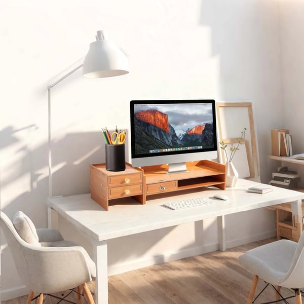 Skærmstander med skuffer - Skrivebordsorganizer - Passer til 33–61 cm skærme - MDF - Maks. 5 kg - Stand 48×20×13,5 cm, samlet længde 65,5 cm - Orange