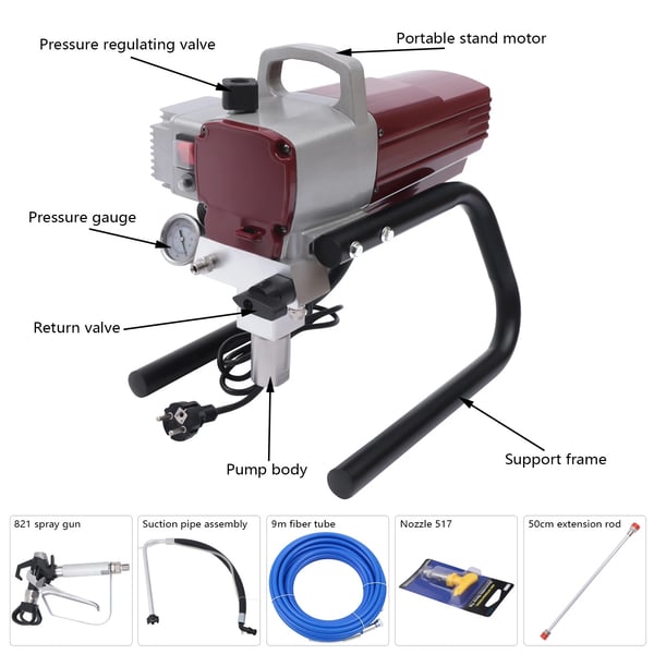 Airless malersprøjte - Elektrisk sprøjtepistol - 1800 W - Flow 1,8 l/min - Højtryksslange 9 m - Dyse 517 - Spraybredde 25 cm - EU-stik - Rød