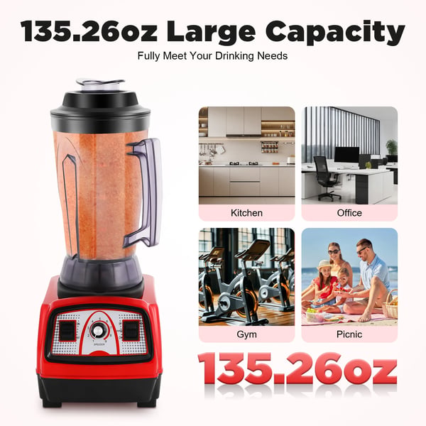 Professionel blender - Bordblender - Kapacitet 4 L - 2200 W - 26.000 omdr./min - Rustfri stålkande og knive - 220 V - Tåler opvaskemaskine - Rød