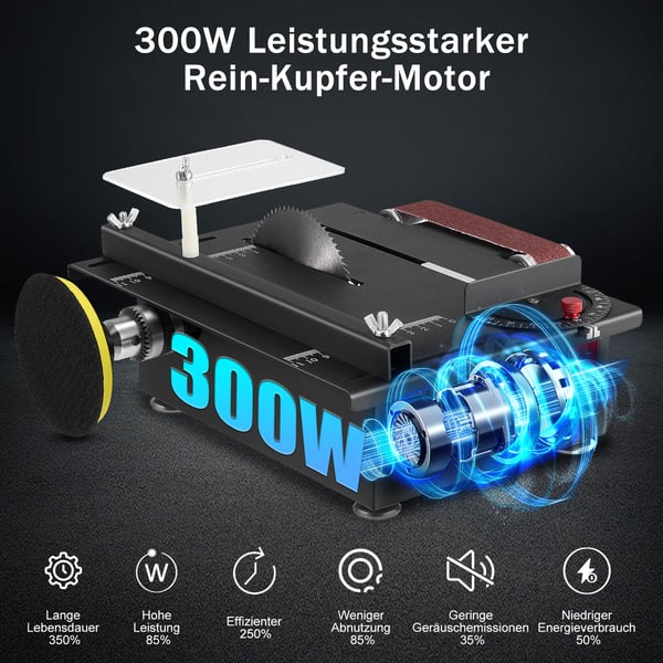 Mini bordrundsav - Med båndsliber - 300 W - 4 savklinger 0,1–3 mm - Til DIY, håndværk & modelbyg - Sort