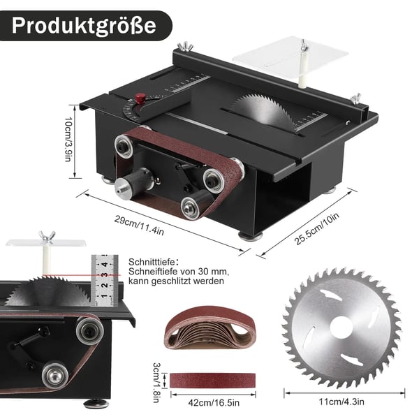 Mini bordrundsav - Med båndsliber - 300 W - 4 savklinger 0,1–3 mm - Til DIY, håndværk & modelbyg - Sort