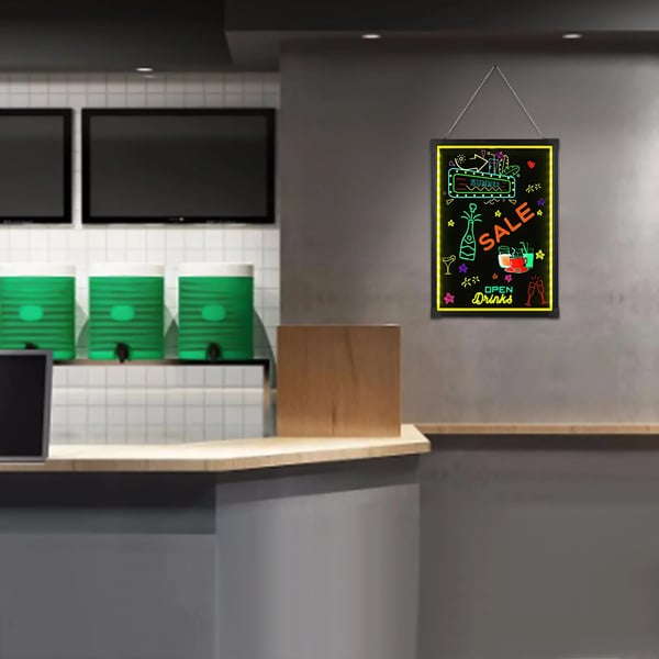 LED-beskedtavle - Skrivetavle - Størrelse 50 × 70 cm - Belyst - Sæt med 8 fluorescerende tuscher - Aftørbar - Til reklame og dekoration