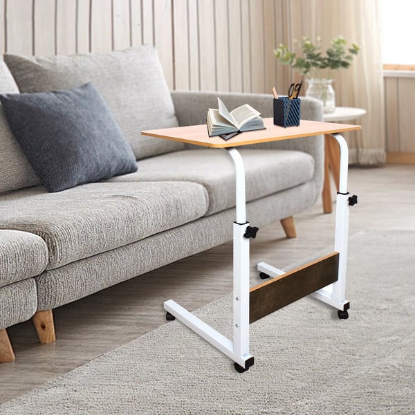 Mobilt laptopbord - Rullende computerbord - Justerbar højde - Låsehjul - Rektangulær bordplade - Træramme - Til seng og sofa - Montering kræves