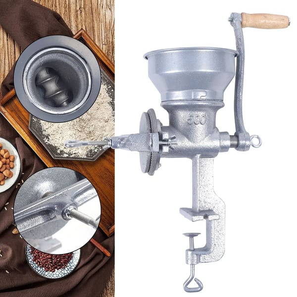 Manuel korn- og kaffekværn - Håndkværn - Justerbar formalingsgrad - Støbejern - Bordklemme op til 4,5 cm - Kapacitet 0,5 kg - Lysegrå