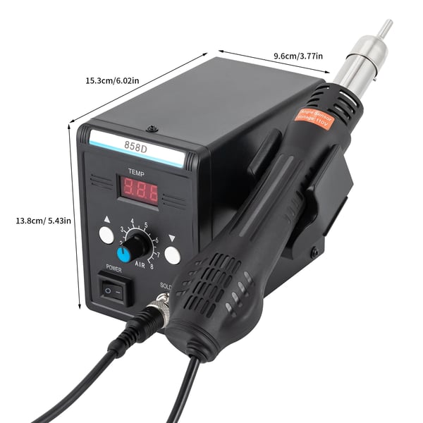 Varmluft rework-station - 858D - Digital LED-display - Børsteløs turbinblæser - PTC-keramisk varmelegeme - ESD-sikker - Til SMD/BGA - Sort