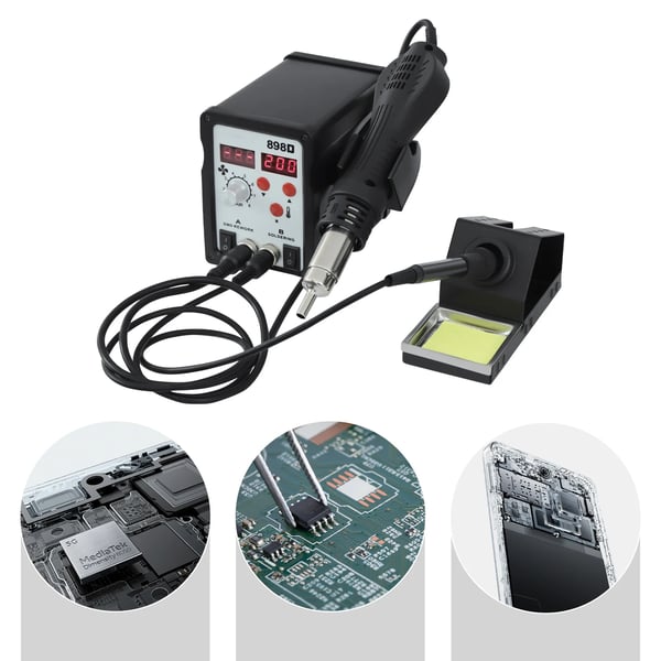 Lodde- og aflodningsstation - Varmluft & loddekolbe - Effekt 750W - LED-display - Luft 120 L/min, 8 trin - Loddekolbe 200–480°C - Varmluft 100–480°C