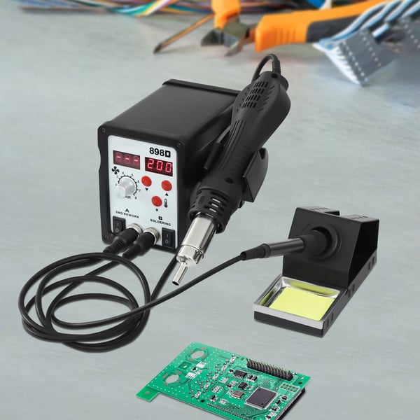 Lodde- og aflodningsstation - Varmluft & loddekolbe - Effekt 750W - LED-display - Luft 120 L/min, 8 trin - Loddekolbe 200–480°C - Varmluft 100–480°C