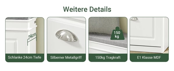 Skobænk / Skoskab - FSR64 - Med siddepude - 2 klapdøre - Træ - Ca. 104x52x24 cm - Moderne stil - Selvmontering - Hvid