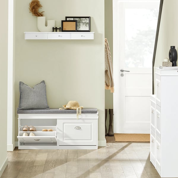 Skobænk / Skoskab - FSR64 - Med siddepude - 2 klapdøre - Træ - Ca. 104x52x24 cm - Moderne stil - Selvmontering - Hvid