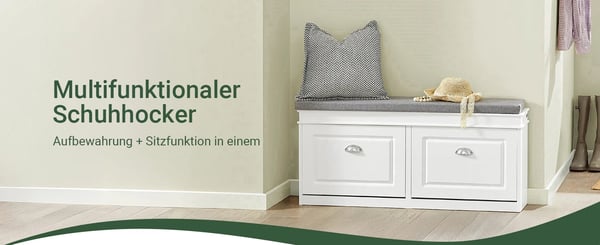 Skobænk / Skoskab - FSR64 - Med siddepude - 2 klapdøre - Træ - Ca. 104x52x24 cm - Moderne stil - Selvmontering - Hvid