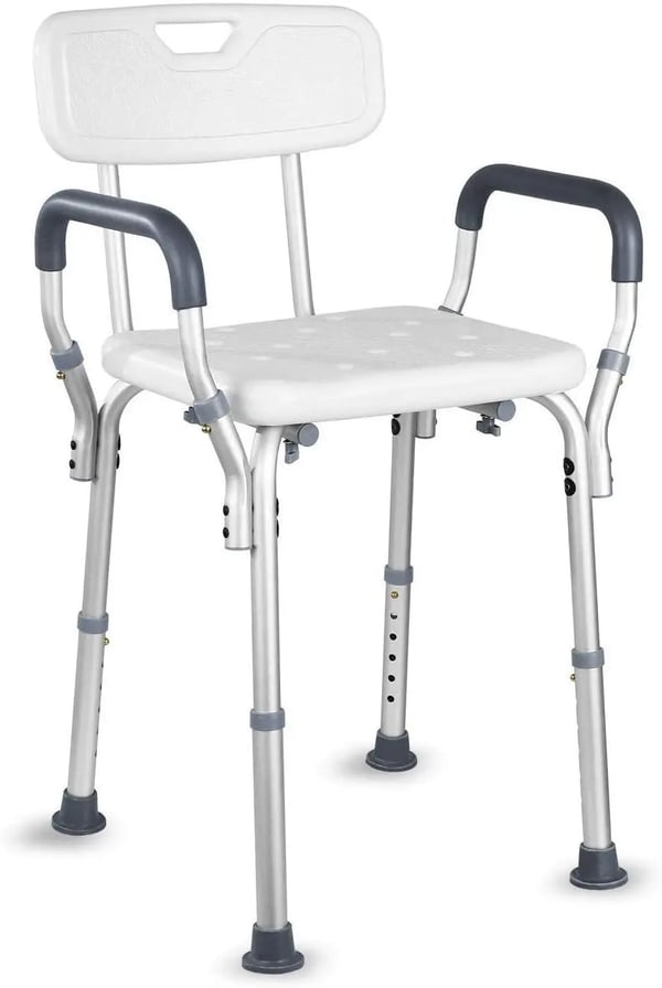 Duschstol - Stol för dusch/badkar - Med armstöd och ryggstöd - Tål 136 kg - Höjdjusterbar - Aluminiumram - Ej fällbar - Enkel montering