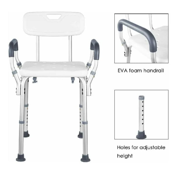 Badestol - Stol til brusebad - Med armlæn og ryg - Tåler 136 kg - Højdejusterbar - Aluminiumramme - Ikke foldbar - Samles