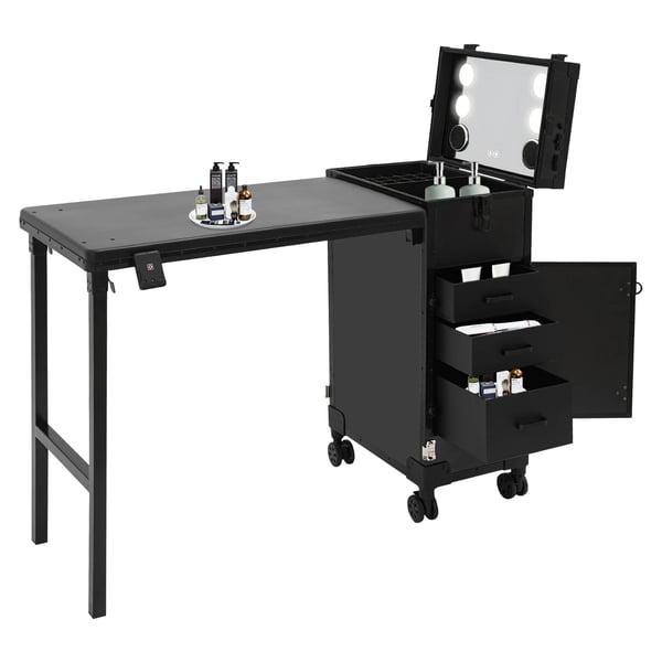 Makeup-trolley på hjul - Foldbart neglebord - Spejl med touch, 3 lysfarver - Tre skuffer - Fire hjul (2 med bremse) - EU 110–250 V - Sort