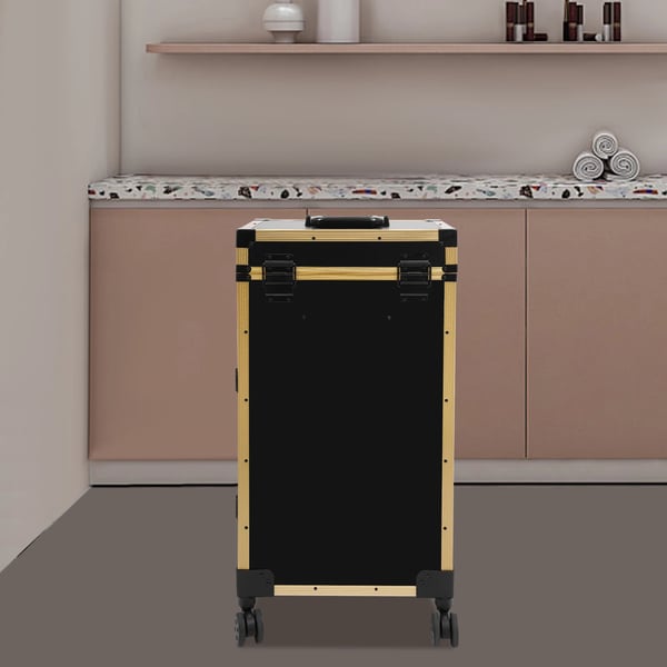 Makeupväska på hjul - Hopfällbart nagelbord - Spegel med touch och 3 ljuslägen - 3 lådor - 4 hjul (2 med broms) - EU-kontakt - Guld
