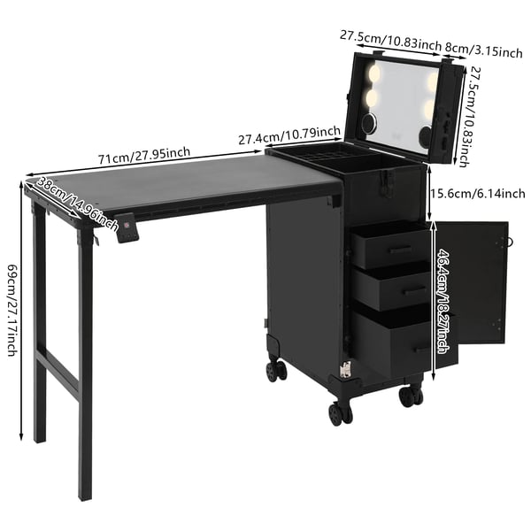 Makeup-trolley på hjul - Foldbart neglebord - Spejl med touch, 3 lysfarver - Tre skuffer - Fire hjul (2 med bremse) - EU 110–250 V - Sort