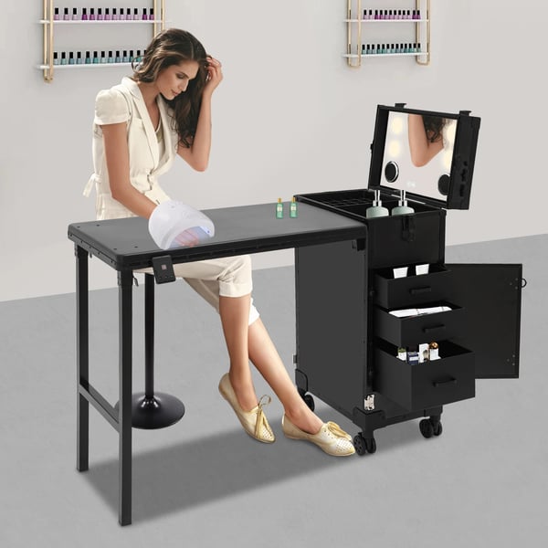 Makeup-trolley på hjul - Foldbart neglebord - Spejl med touch, 3 lysfarver - Tre skuffer - Fire hjul (2 med bremse) - EU 110–250 V - Sort