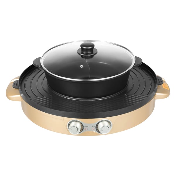 Elektrisk hotpot - Grill 2-i-1 - 2200 W - Delad yin-yang-gryta - Glaslock - Non-stick-beläggning - Bordsmodell - Blå