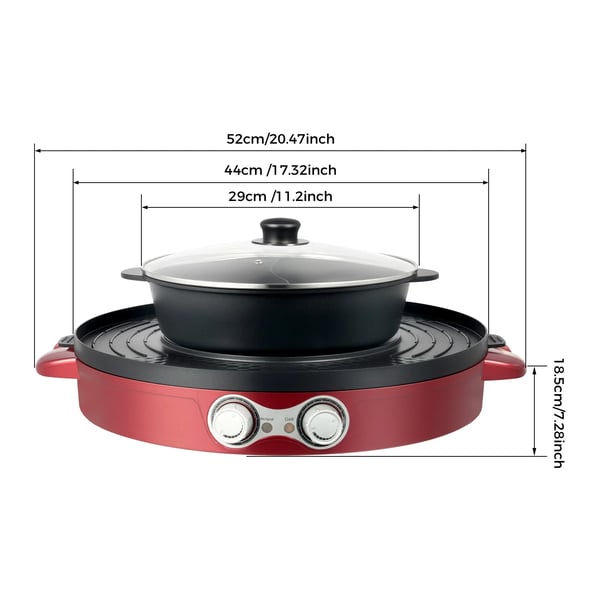 Elektrisk Hotpot med Grill - 2-i-1 - Yin-Yang Delt Gryde - 2200 W - Non-stick Belægning - Glaslåg - Lyserød