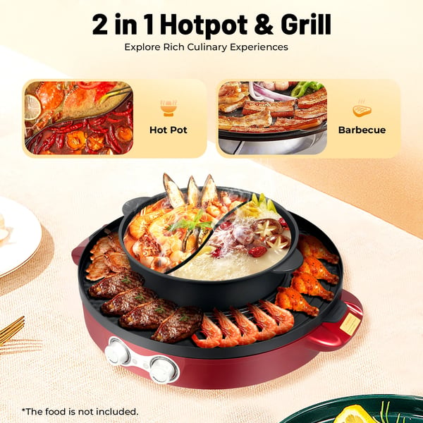 Elektrisk Hotpot med Grill - 2-i-1 - Yin-Yang Delt Gryde - 2200 W - Non-stick Belægning - Glaslåg - Lyserød