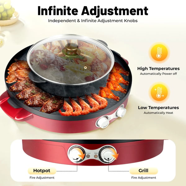 Elektrisk Hotpot med Grill - 2-i-1 - Yin-Yang Delt Gryde - 2200 W - Non-stick Belægning - Glaslåg - Lyserød