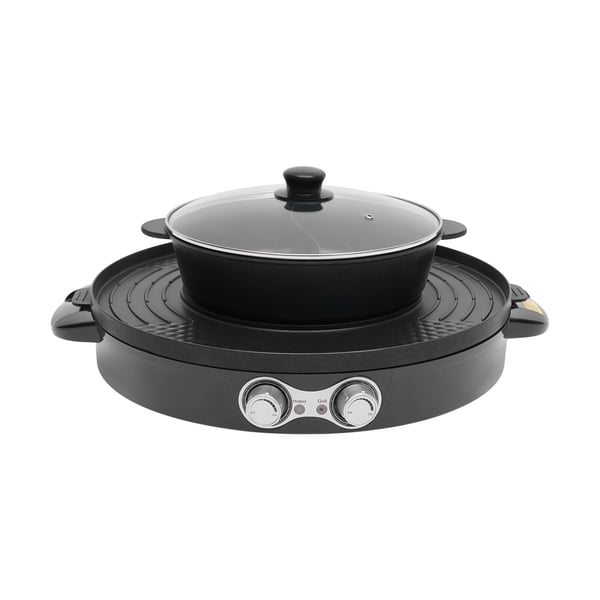 Elektrisk hotpot med grill - Rund 2-i-1 bordsmodell - 2200 W - Delad yin-yang-gryta - Non-stick-beläggning - Glaslock - Svart