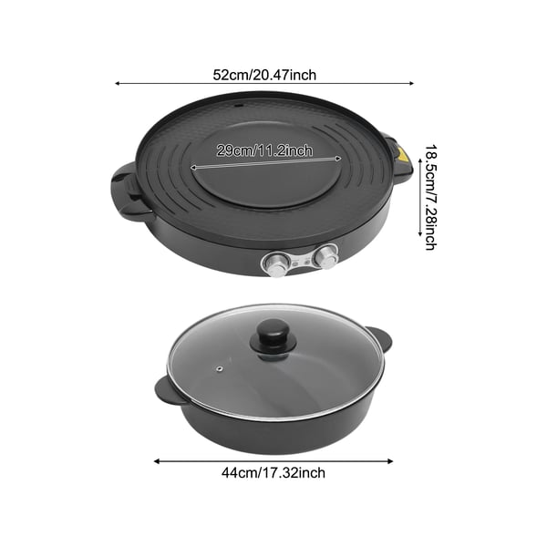 Elektrisk hotpot med grill - Rund 2-i-1 bordmodel - 2200 W - Delt yin-yang-gryde - Nonstick-belægning - Glaslåg - Sort