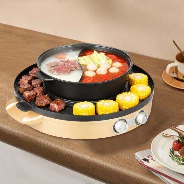 Elektrisk hotpot - Grill 2-i-1 - 2200 W - Delt yin-yang-gryde - Glaslåg - Non-stick belægning - Bordmodel - Blå