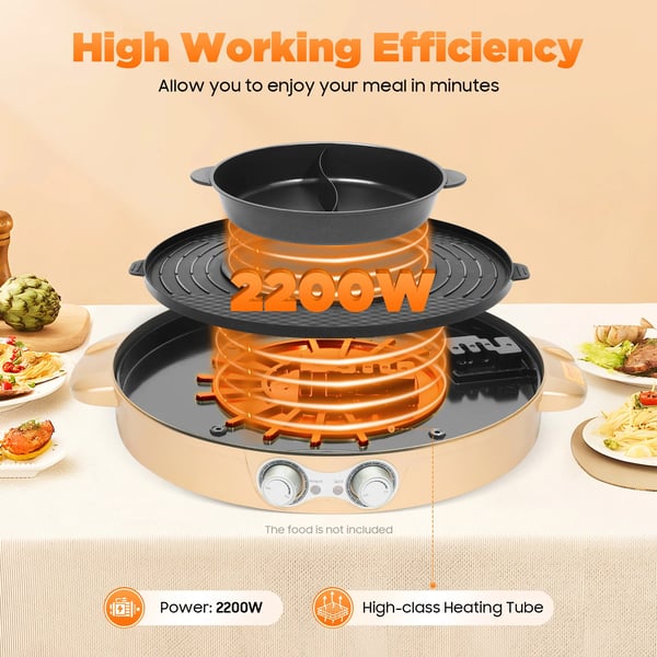 Elektrisk hotpot - Grill 2-i-1 - 2200 W - Delt yin-yang-gryde - Glaslåg - Non-stick belægning - Bordmodel - Blå